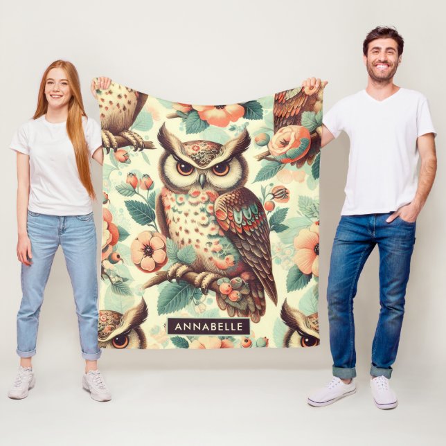 Vintage Cute Owl Pattern Fleece Blanket (In Situ)