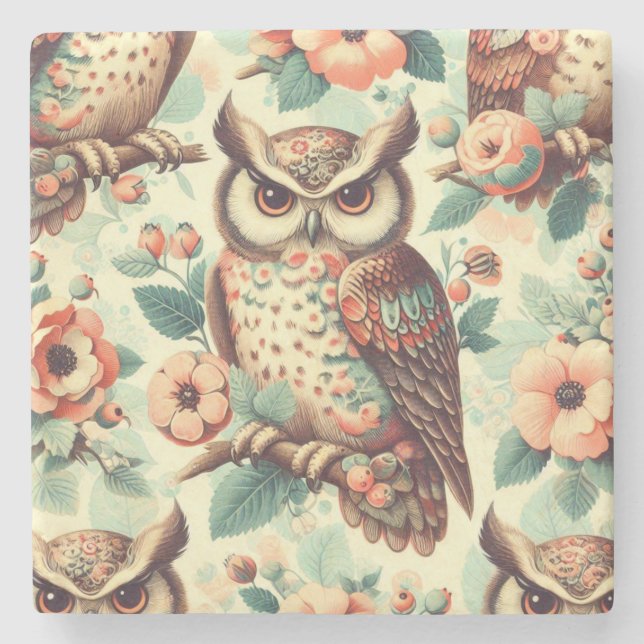 Vintage Cute Owl Pattern Stone Coaster (Front)