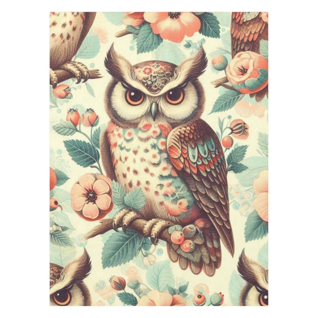 Vintage Cute Owl Pattern Tablecloth (Front)