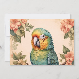 Vintage Cute Parakeet Budgie Portrait Flowers   Holiday Card