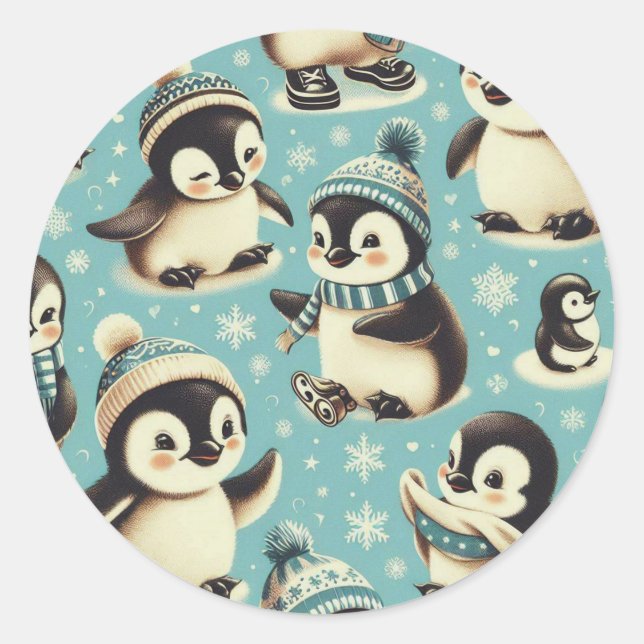 Vintage Cute Penguin Pattern Classic Round Sticker (Front)