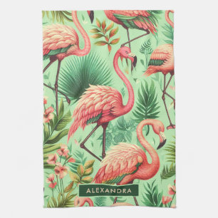 Vintage Cute Pink Flamingos Tea Towel