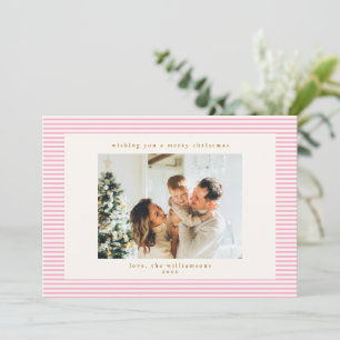 Vintage Cute Pink Stripes Custom Photo Christmas Holiday Card