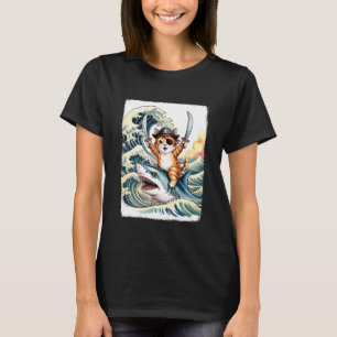 Vintage Cute Pirate Cat Riding Shark Funny Japanes T-Shirt