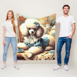 Vintage Cute Poodle Painting Fleece Blanket