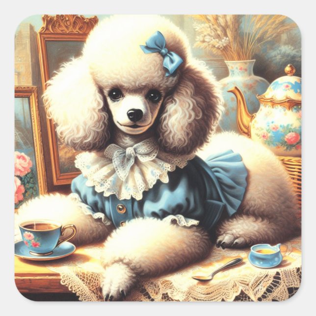 Vintage Cute Poodle Painting Square Sticker (Front)