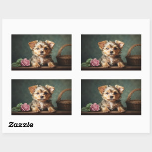 Vintage Cute Puppy Yorkshire Terrier Rose Portrait Rectangular Sticker