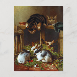 Vintage Cute Rabbits and Kittens Postcard