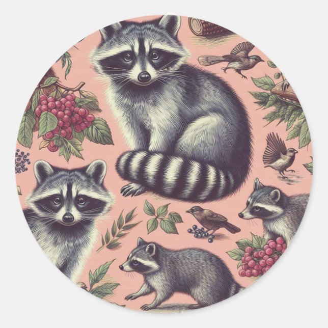 Vintage Cute Racoon Classic Round Sticker (Front)