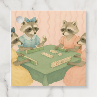 Vintage Cute Racoons Playing Mahjong Favour Tags