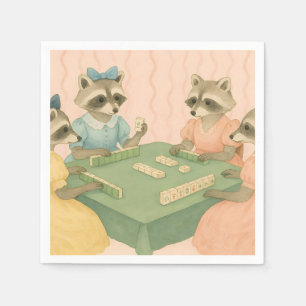 Vintage Cute Racoons Playing Mahjong Napkin