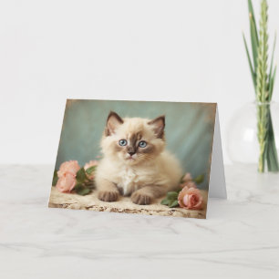 Vintage Cute Ragdoll Kitten Portrait Flowers Sweet Card