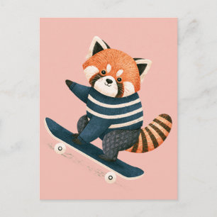 Vintage Cute Red Panda Racoon Skateboarding Holiday Postcard