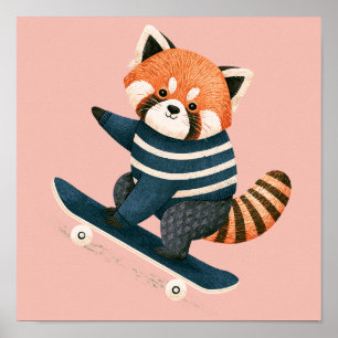 Vintage Cute Red Panda Racoon Skateboarding Poster