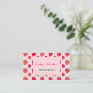 Vintage Cute Red Strawberries Girly Pink Pattern Business Card