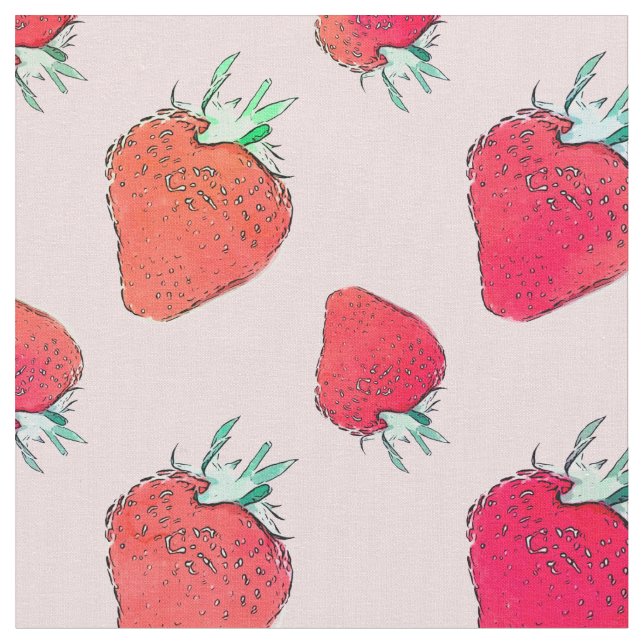 Vintage Cute Red Strawberries Girly Pink Pattern  Fabric (Close Up)