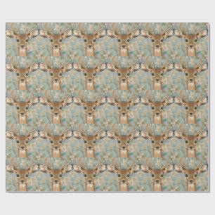 Vintage Cute Reindeer Deer And Florals Garden Wrapping Paper