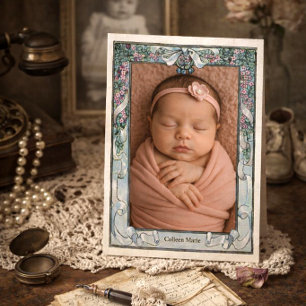 Vintage Cute Ribbons Flowers Stork Birth Announcement