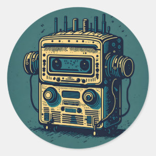 vintage cute robot radio cassette old dirty classic round sticker