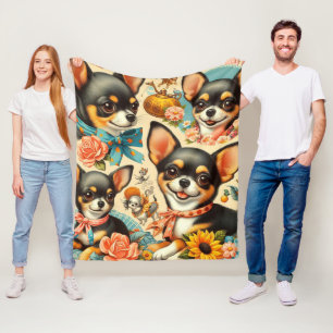 Vintage Cute Seamless Chihuahua Fleece Blanket