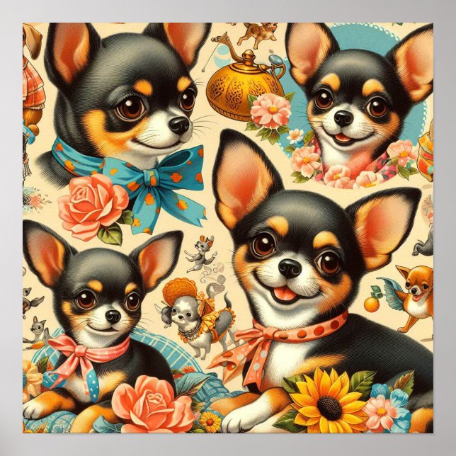 Vintage Cute Seamless Chihuahua  Poster (Front)