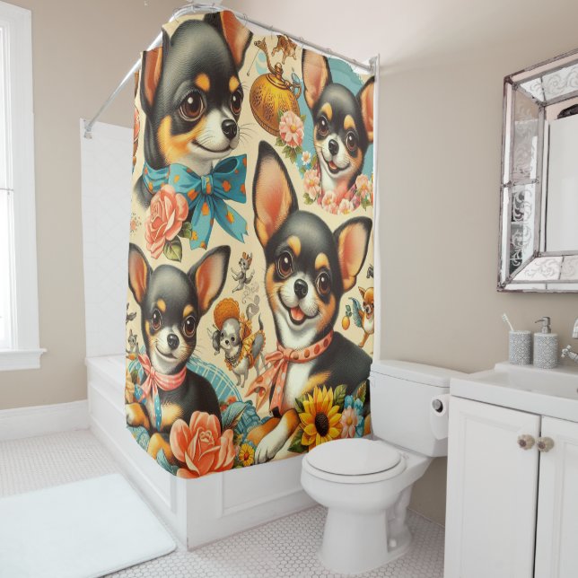 Vintage Cute Seamless Chihuahua  Shower Curtain (In Situ)