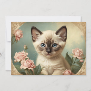 Vintage Cute Siamese Kitten Portrait Flowers Sweet Holiday Card
