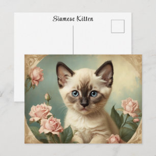 Vintage Cute Siamese Kitten Portrait Flowers Sweet Postcard