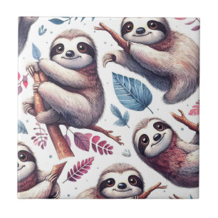 Vintage Cute Sloth Seamless Watercolor Ceramic Tile