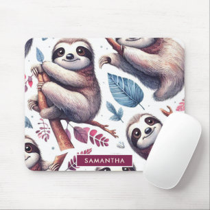 Vintage Cute Sloth Seamless Watercolor Mouse Pad
