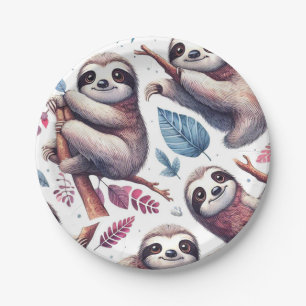 Vintage Cute Sloth Seamless Watercolor Paper Plate