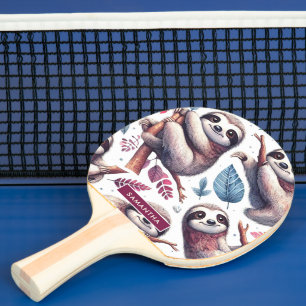 Vintage Cute Sloth Seamless Watercolor Ping Pong Paddle