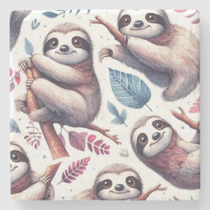 Vintage Cute Sloth Seamless Watercolor Stone Coaster