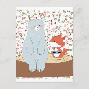 Vintage cute spring summer fox wolf and teddy bear postcard