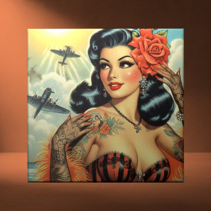 Vintage Cute Tattoo Girl Ceramic Tile