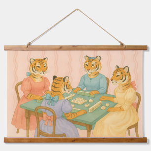 Vintage Cute Tigers Playing Mahjong Hanging Tapestry