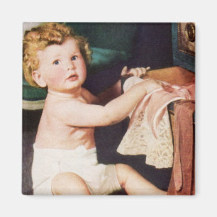 Vintage Cute Toddler Playing with Clothes Dresser Magnet