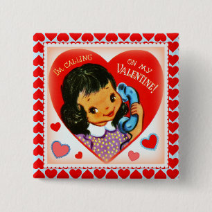 Vintage Cute Valentine Little Girl and Hearts 15 Cm Square Badge