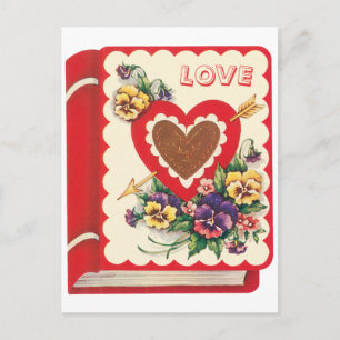 Vintage Cute Valentine Love Book Heart and Flowers Holiday Postcard