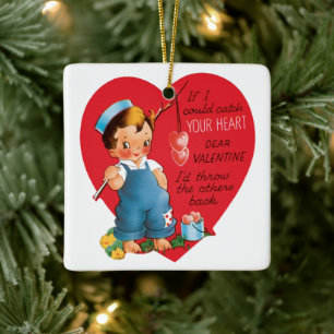 Vintage Cute Valentine's Day, Boy Fishing Hearts Ceramic Tree Decoration