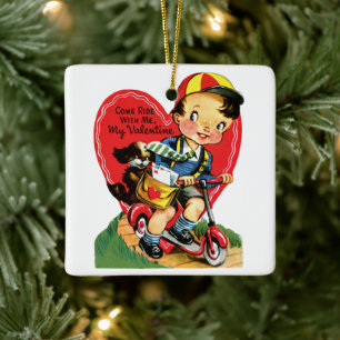 Vintage Cute Valentine's Day, Boy on a Scooter Ceramic Tree Decoration