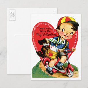 Vintage Cute Valentine's Day, Boy on a Scooter Holiday Postcard