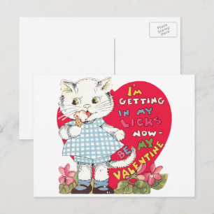 Vintage Cute Valentine's Day Cat Licking Ice Cream Holiday Postcard