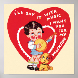 Vintage Cute Valentine's Day, Child Music Banjo Poster