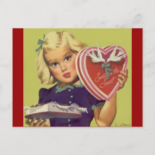 Vintage Cute Valentine's Day, Girl with Chocolates Holiday Postcard