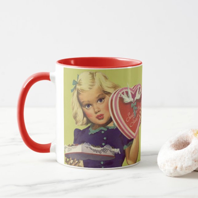 Vintage Cute Valentine's Day, Girl with Chocolates Mug (With Donut)