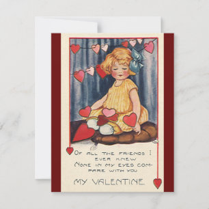 Vintage Cute Valentine's Day, Girl with Red Hearts Holiday Card