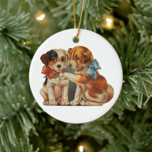 Vintage Cute Valentine's Puppy Love, Two Dog Mutts Ceramic Ornament