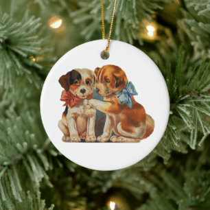 Vintage Cute Valentine's Puppy Love, Two Dog Mutts Ceramic Tree Decoration