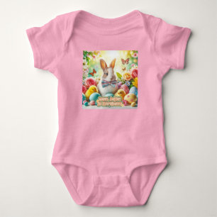 Vintage, Cute, whimsical & colourful Easter bunny Baby Bodysuit